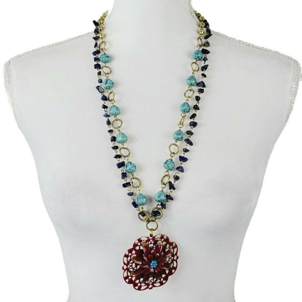 Bohemian Gypsy Style Necklace Double Strand Gold Tone Large Enamel Flower Focal